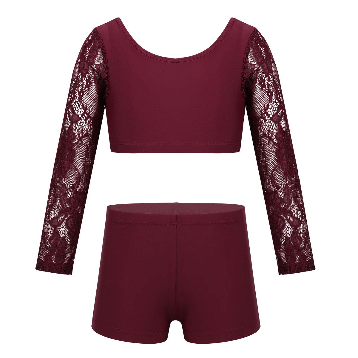 OyolanKids Girls Long Sleeves 2PCS Outfit Floral Lace Crop Top with Shorts Dancewear Set Burgundy 14