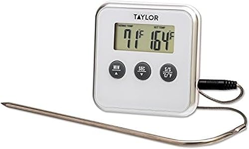 Taylor Sonda programable de lectura instantánea con cable digital para carne, parrilla, barbacoa, cocina, termómetro con alarma, color blanco