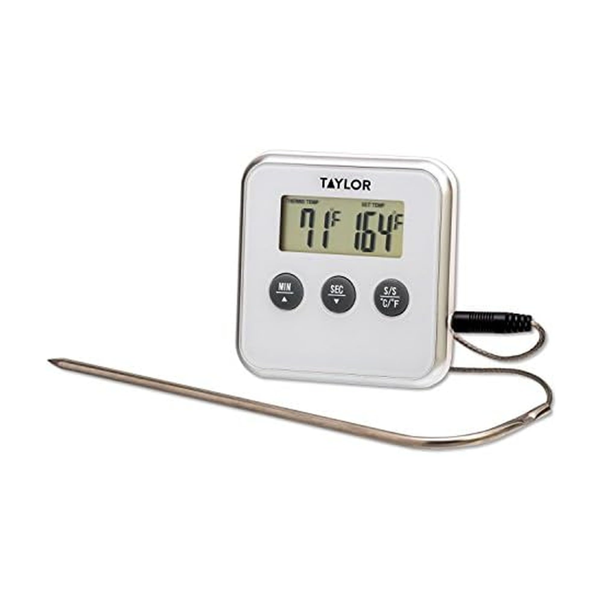 Taylor Programmable Instant Read Wired Probe Digital Meat Thermometer, white unit with a stainless steel probe and cord.