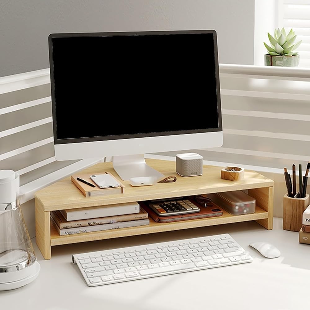 SXZenSpace Monitor Stand - 2 Tier Office Organizer Rack with Storage Wooden Corner Shelf Riser for Desk Lifting Tablet Holder and Computer