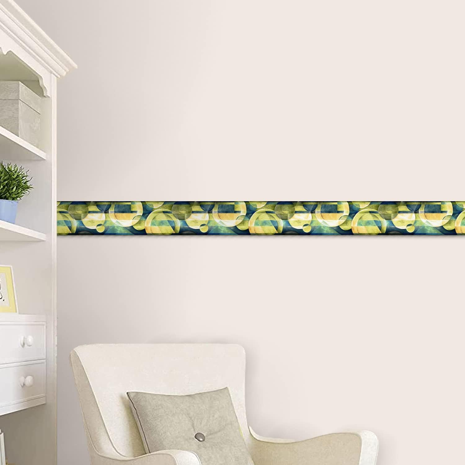 CONCORD WALLCOVERINGS ™ Geometric Circles Wallpaper Border, 7" x 15' Roll Modern Abstract Design, Blue Green Beige Tones, Prepasted Washable Vinyl, for Living Room Decor #OS24591B