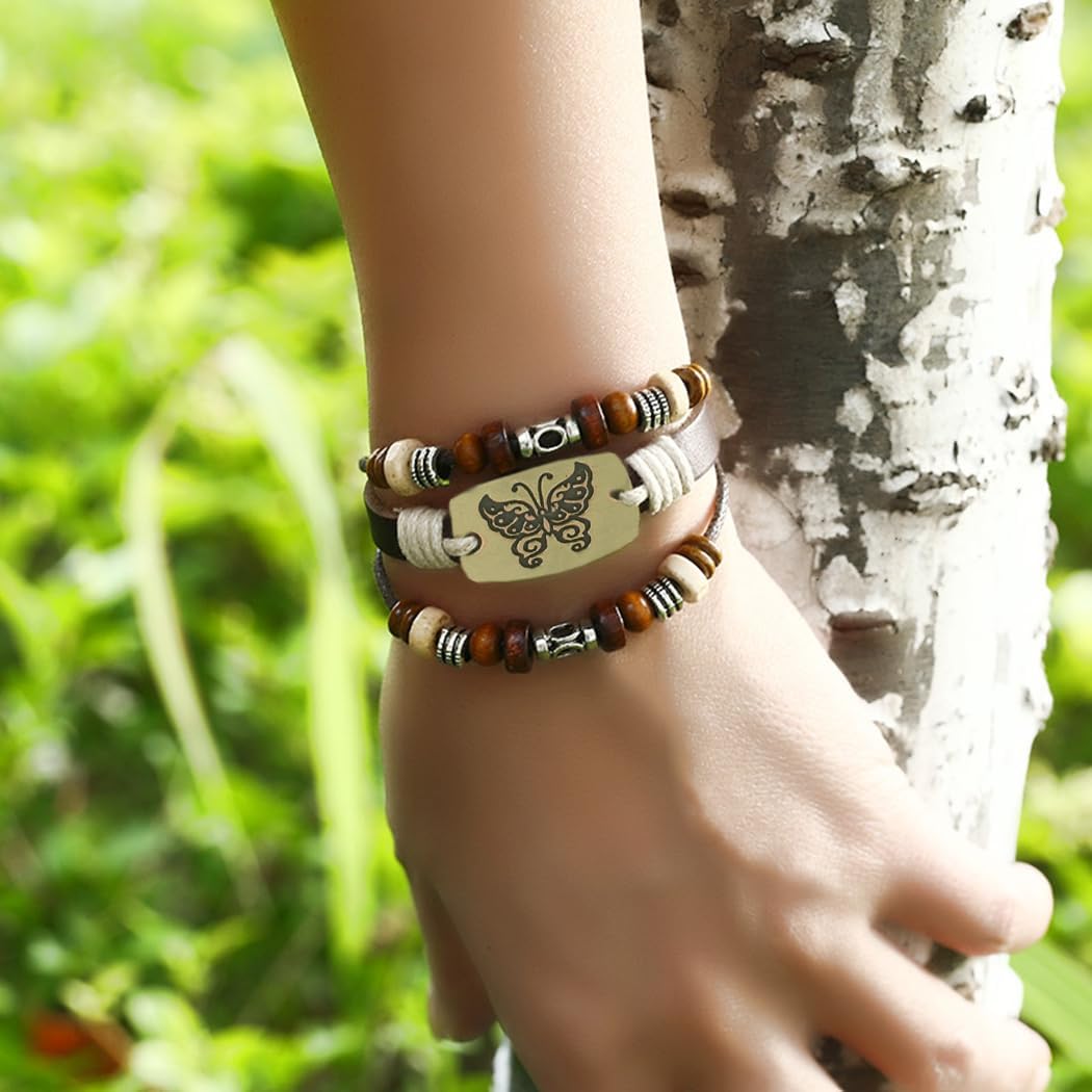 Butterfly Leather Bracelets Brown Stackable Bracelets Braided Beaded Bracelet for Women and Men - Image 4