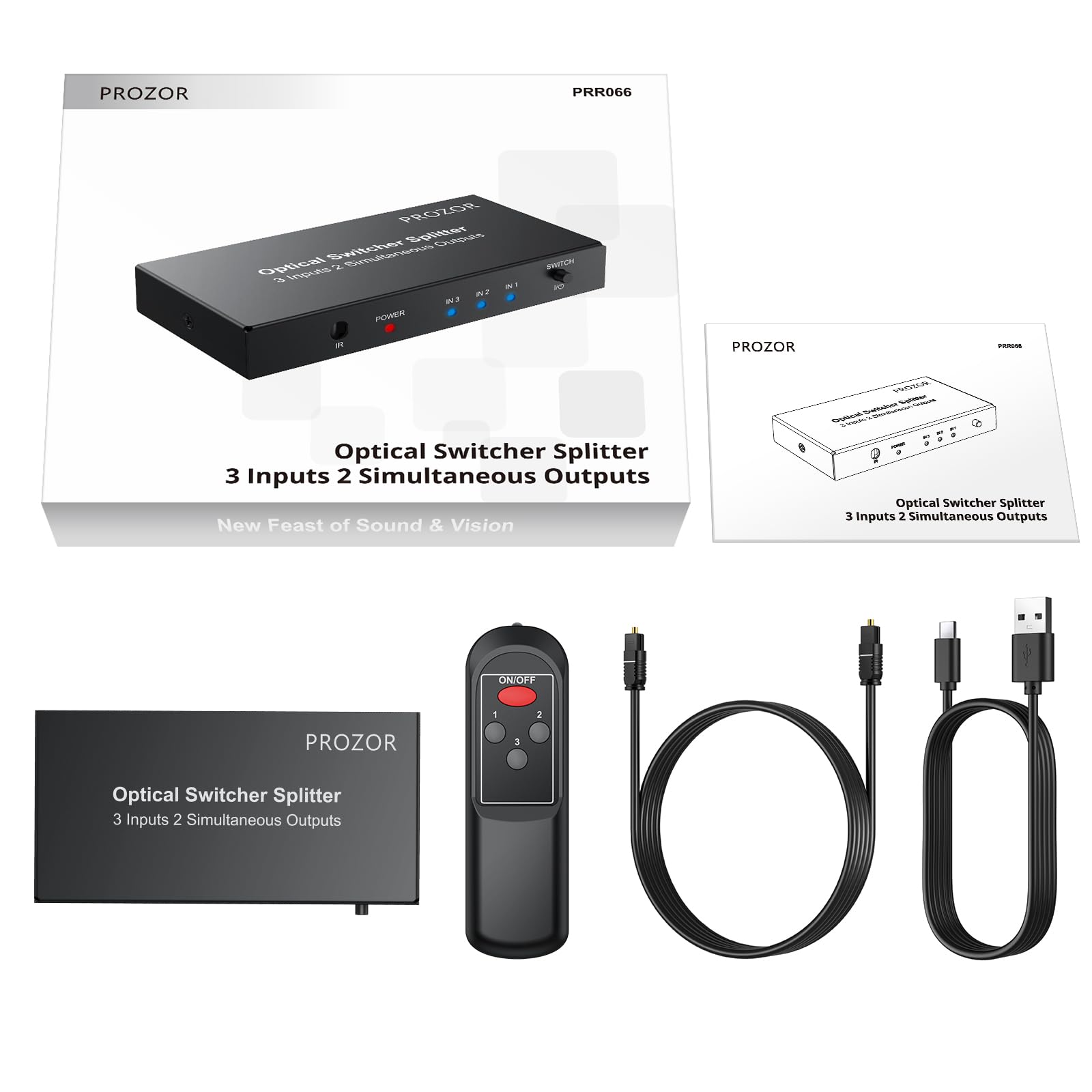PROZOR Divisor Óptico 3 Entradas 2 Salidas SPDIF Toslink, Conmutador Splitter con Control Remoto IR Divisor de Audio Aleación de Aluminio Compatible con LPCM2.0 DTS Dolby-AC3 para Soundbar Blu-Ray PS4