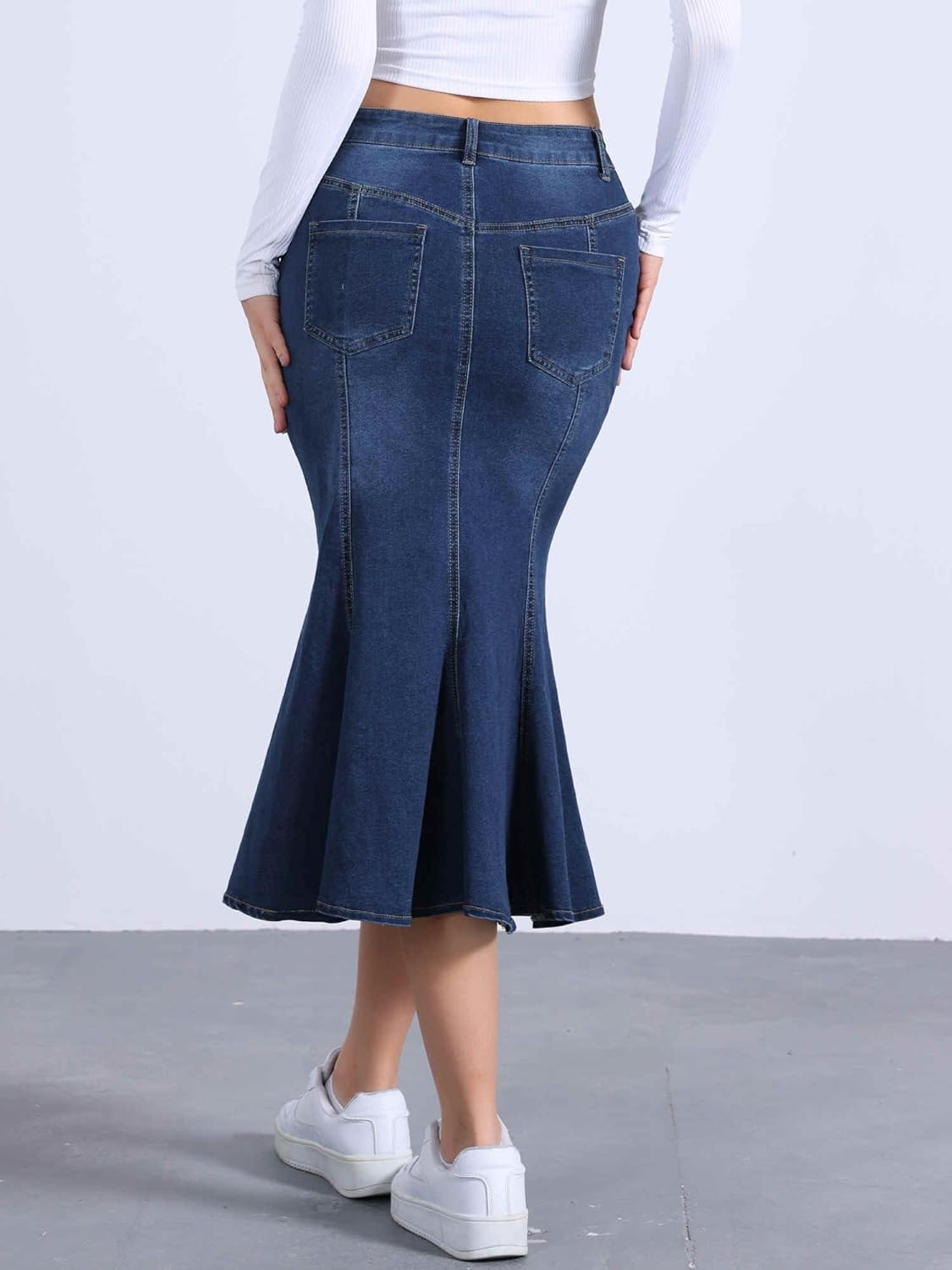 Allegra K Fishtail Denim Skirt for Women Casual Washed High Waisted Midi Jean Skirts - Image 2