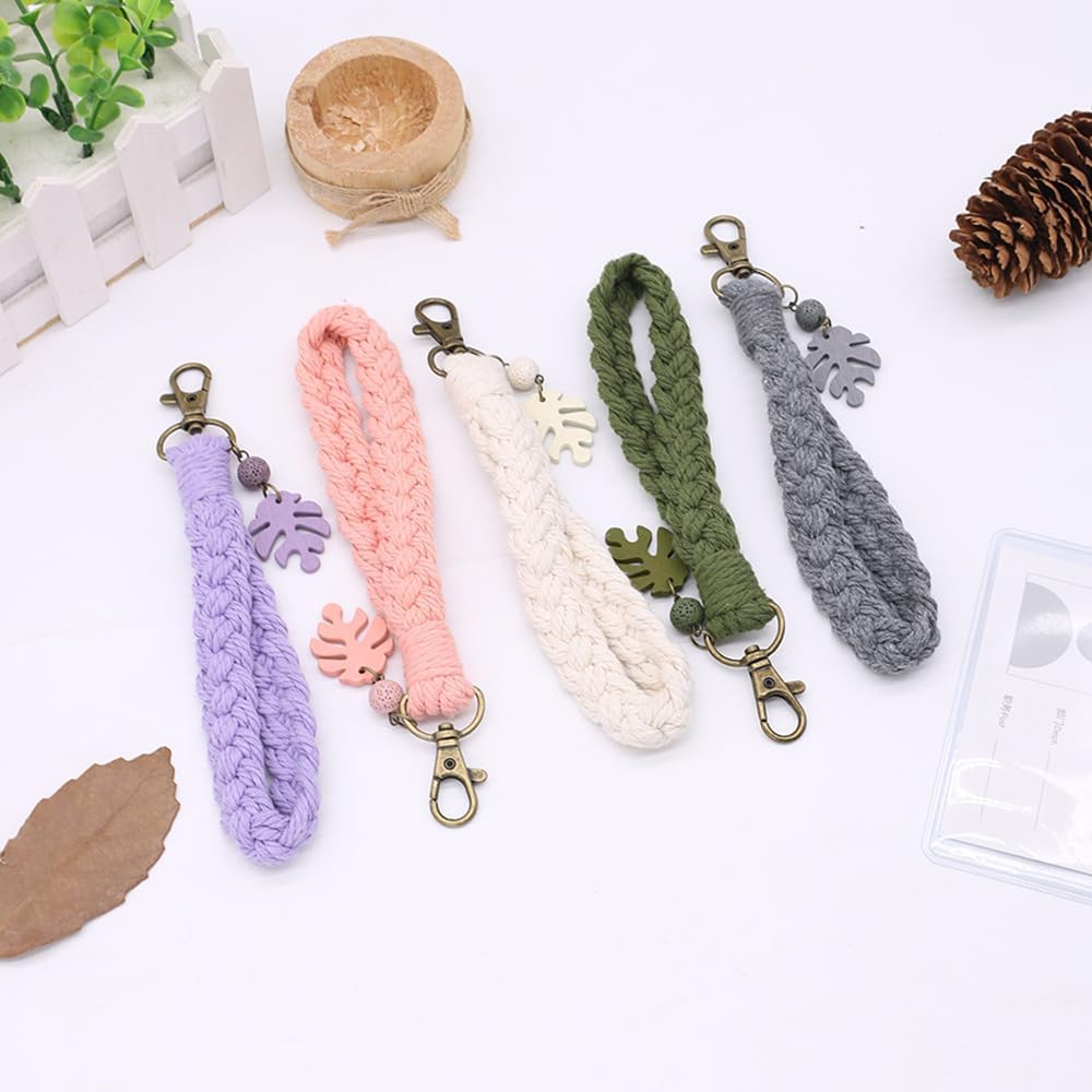 Macrame Boho Keychain Bracelet with Tassels Palm Leaf Charm Handmade Wristlet Keychain Keyring Holder for Women