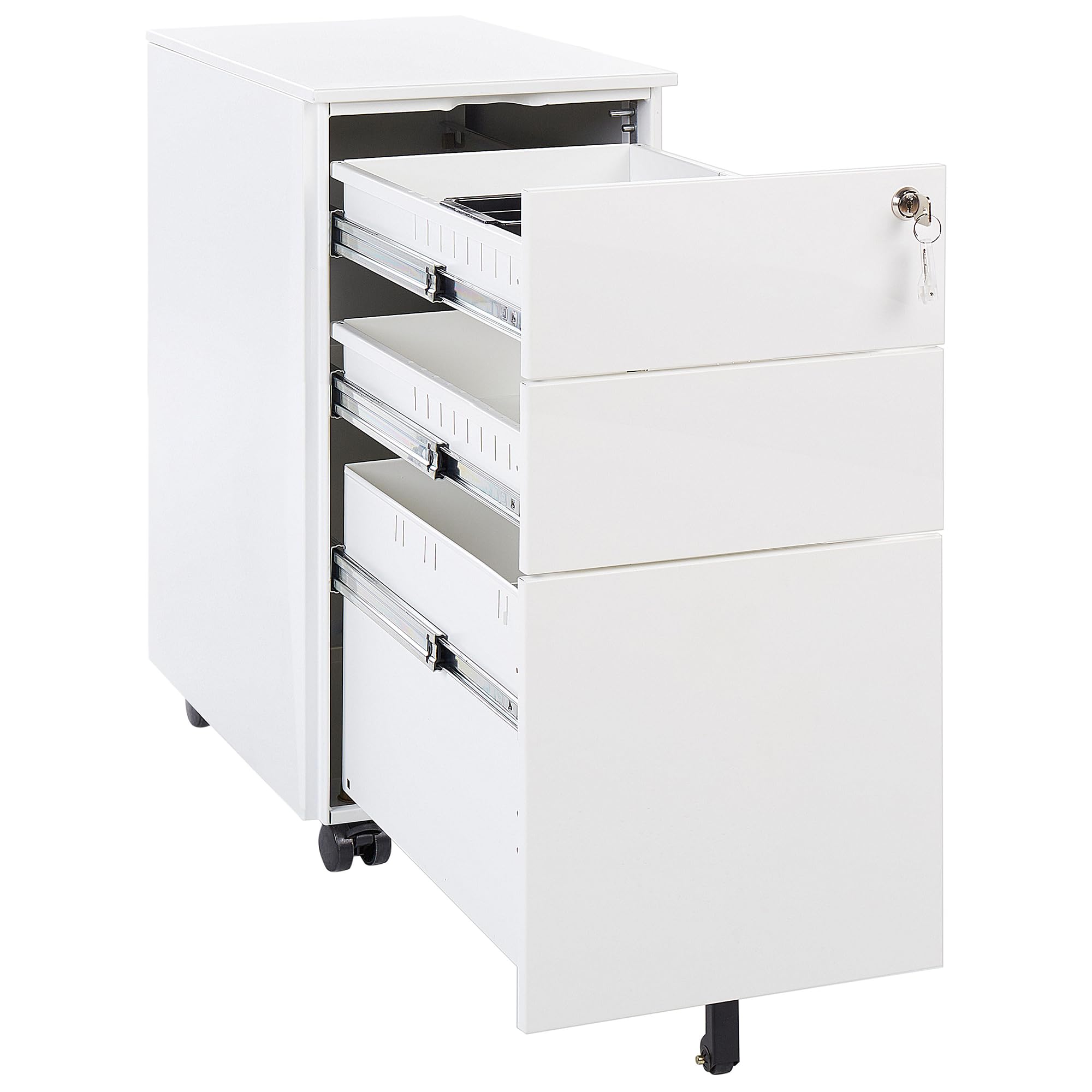 Beliani Caisson de Bureau en Métal Blanc avec roulettes Pratiques et 3 Tiroirs Spacieux Vérouillable avec Clef Idéal pour Rangement de Vos Dossiers