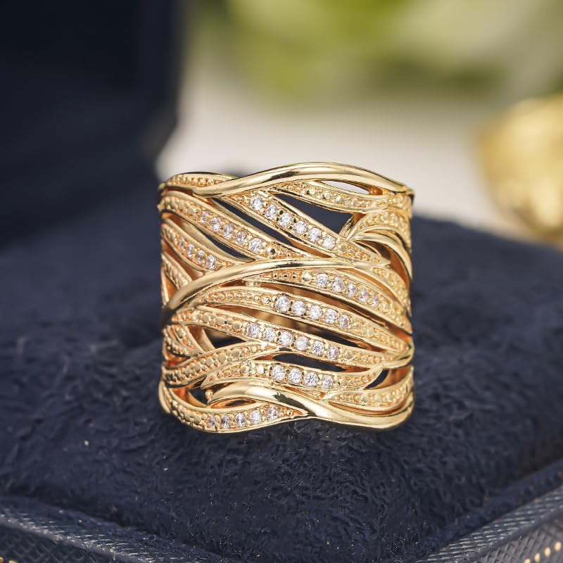 Luxury Exquisite Wide Ring Micro Paved Zirconia Ring Multi-layer Lines Design for Women Daily Banquet Vacation Jewelry