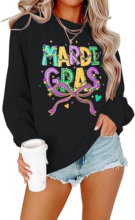 SFHFY Mardi Gras Sweatshirt Women Fat Tuesday Shirts Carnival Outfit Mask Graphic Pullover New Orleans Party Top