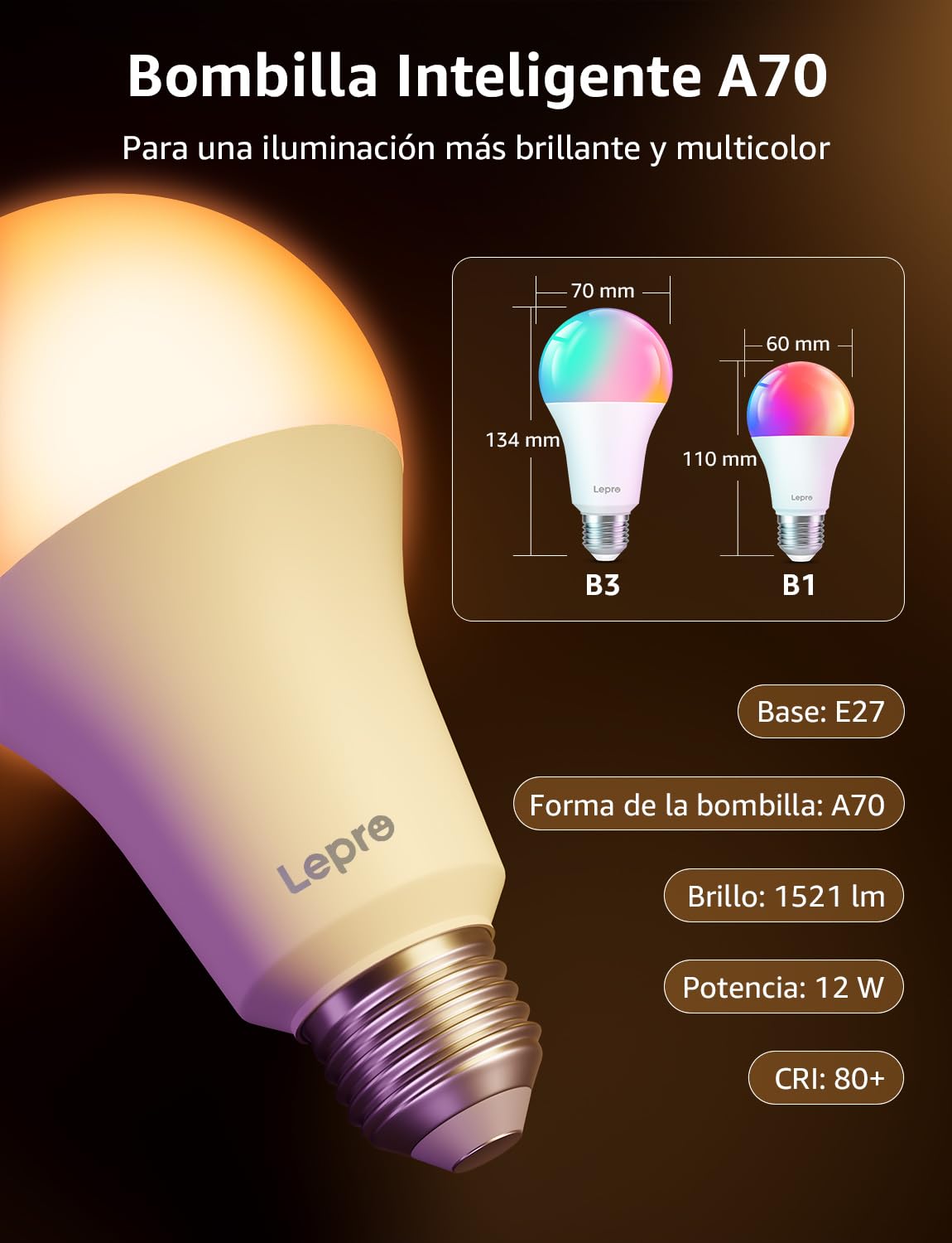 Lepro B3 AI Bombilla Inteligente Alexa, LED E27 12W RGB Regulable Bombillas, Wi-Fi Control de Voz y Sync de Música, Diseñador de Iluminación AI Personalizado, Funciona con Alexa, Google Home, 4Pcs