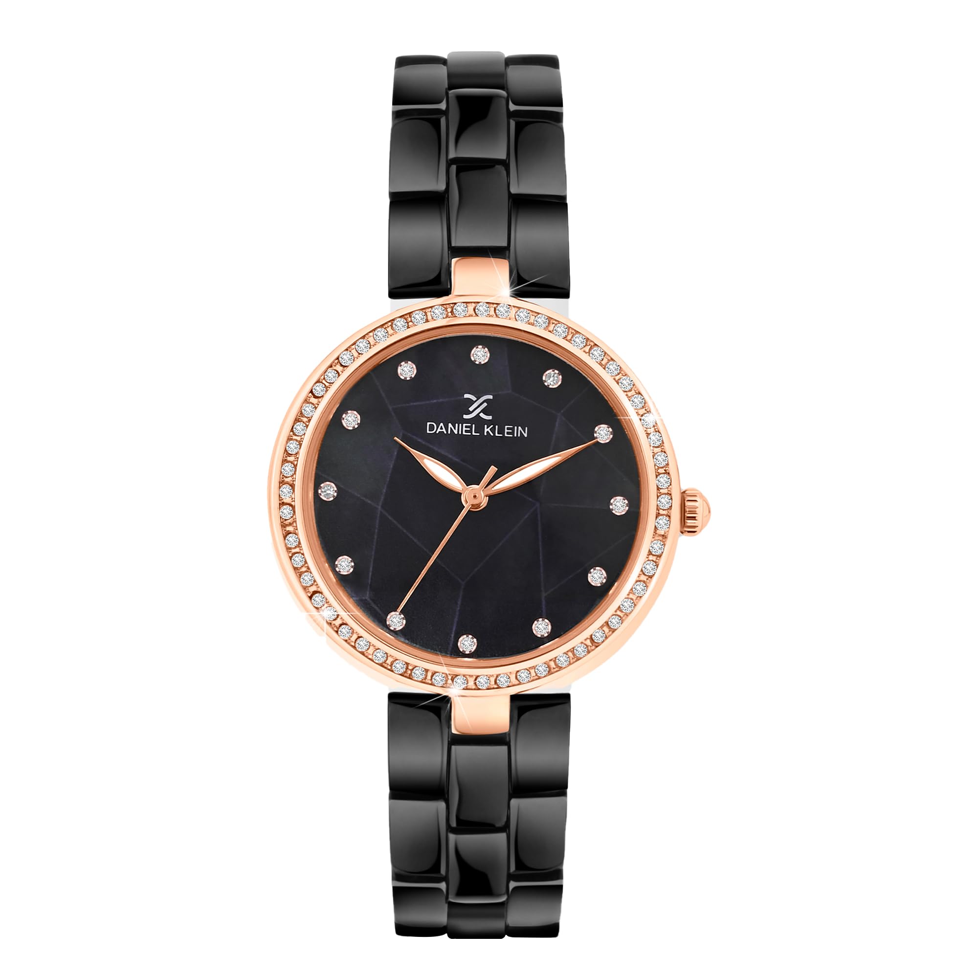 Analog Black Round Dial Stone-Studded Rose Gold Bezel Black Metal Strap Water-Resistant Wrist Watch for Women Girls, Ladies DK.1.14019-1-image-6