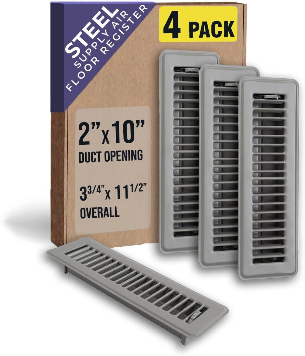 [4 Pack] Fits 2x10 and 10x2 Duct Opening | Floor Register with Louvered Design by Handua | Heavy Duty Walkable Design with Damper | Floor Vent Grille | Easy to Adjust Air Supply Lever | Gray