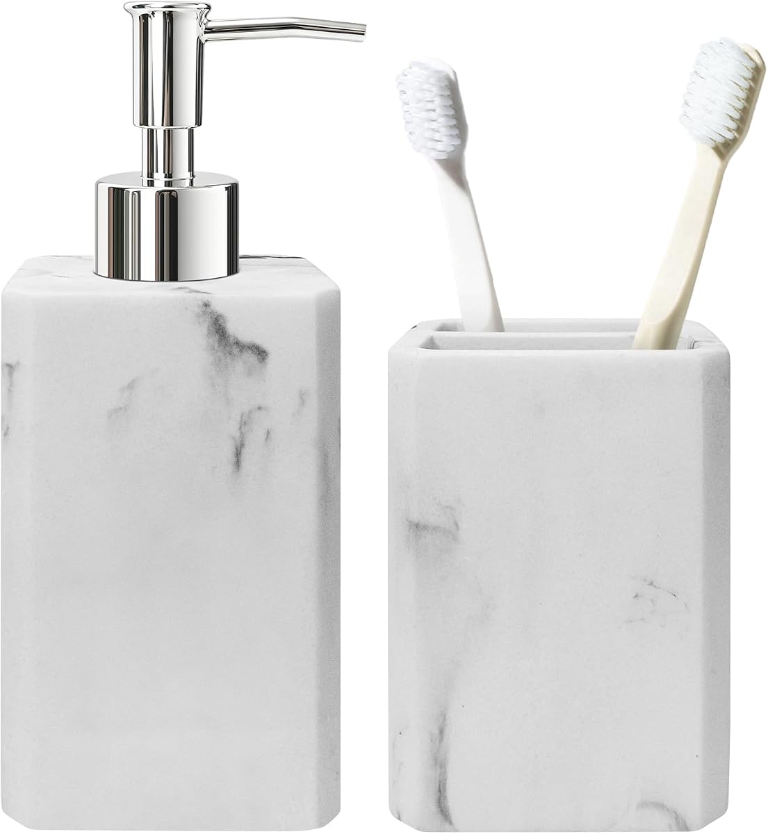 2PCS Marble Resin Bathroom Accessory Set,Soap Dispenser, Toothbrush Holder | White Resin Bathroom Accessories Set, Eleglant and Modern Bathroom Decor, Bathroom Countertop Storage