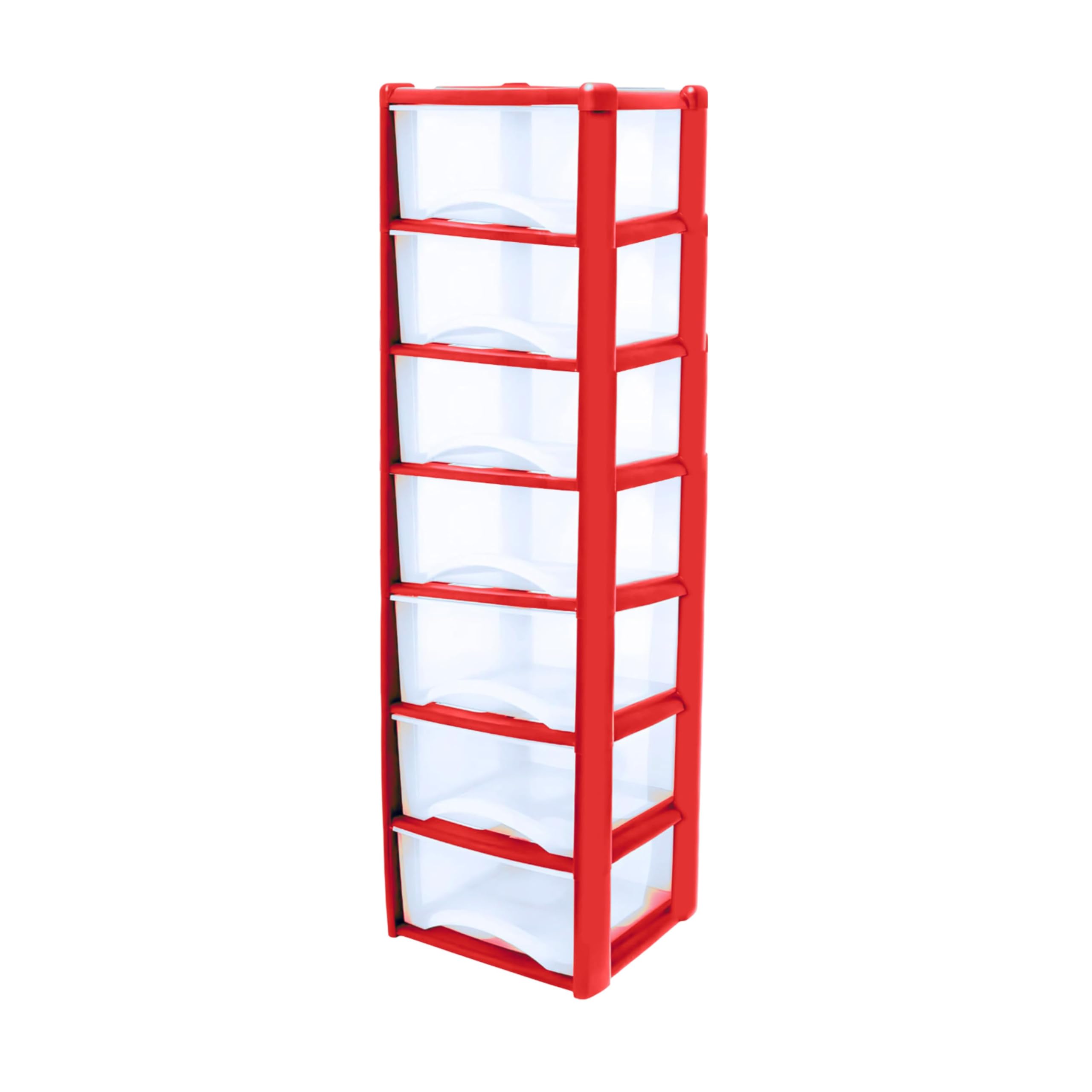 Neat. 7 Plastic Storage Drawers Unit with See-Through Drawers, Compact Vertical Design – Durable Plastic, Ideal for Organizing Office Crafts, and Household Items, 140cm x L39cm x W39cm -Red
