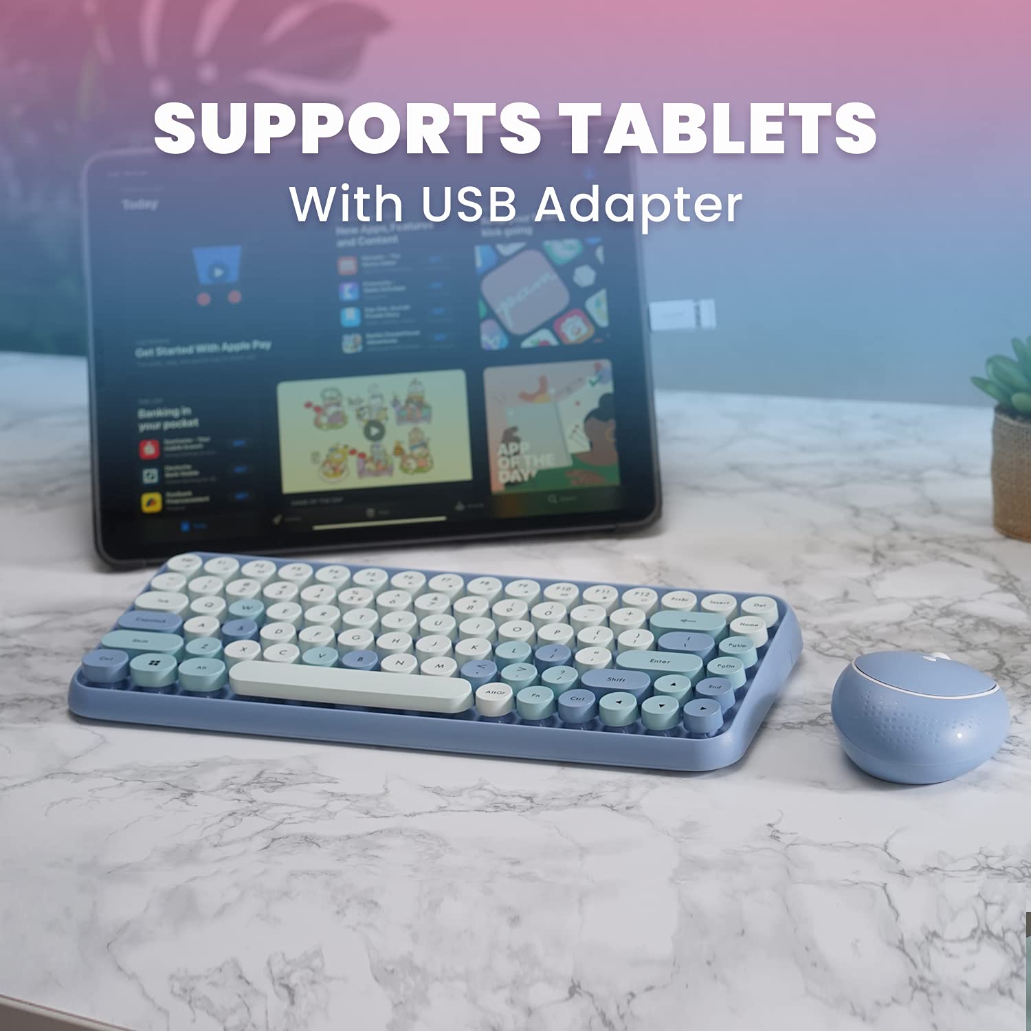 Perixx PERIDUO-713BL Wireless Mini Keyboard and Mouse Combo - Retro Round Key Caps - Pastel Blue - US English Layout..