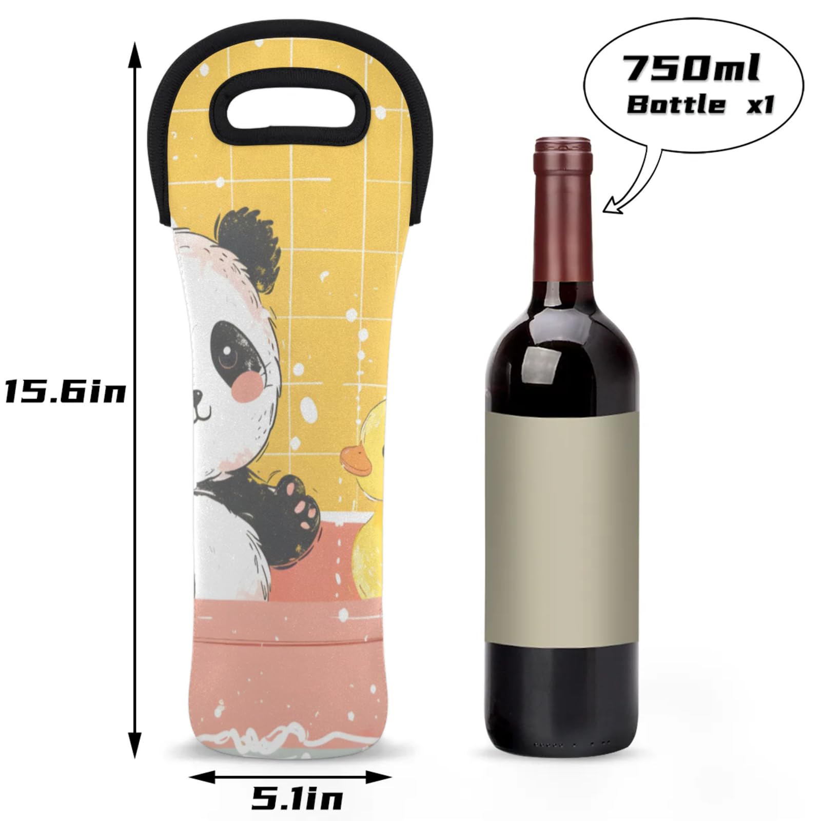 Neoprene Wine Tote Carrier Bag for Wine,Water, Champagne, Beer, Baby Bottles 15.6 x 5.1 Inches, Protective Wine Bag,Panda Duck Bathe