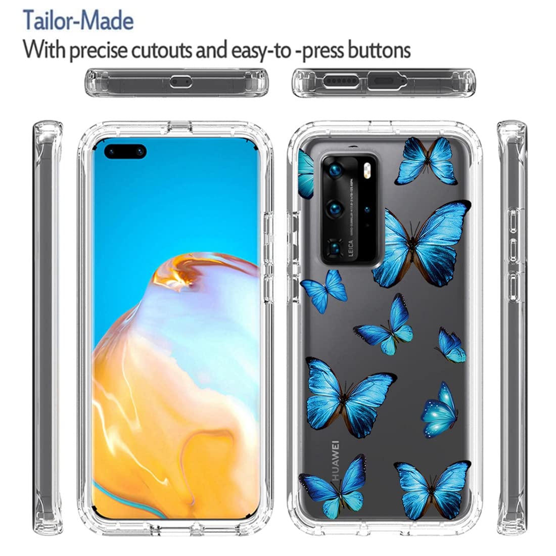 Custodia per Huawei P40 Pro Cover Adsorbimento Magnetica Case Bumper Metal Ultra Sottile 360 Gradi Full Body Protettiva Antiurto Cover Fronte e Retro in Vetro Temperato Trasparente Flip Cover,Blu