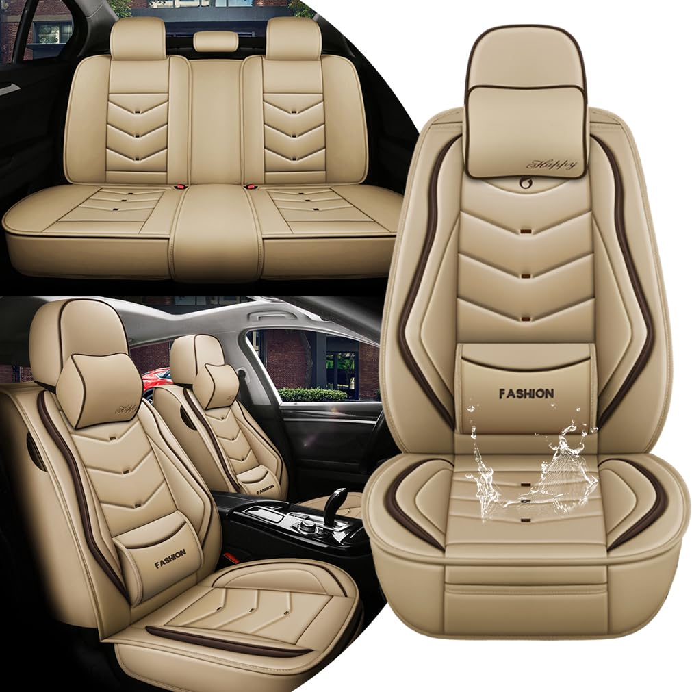 Car Seat Covers for Audi A7 2012-2025 Four Seasons Universal Car Seat Cover, Leather Comfortable Waterproof Breathable Seat Cover with Airbag(Beige, 5 with Pillow)