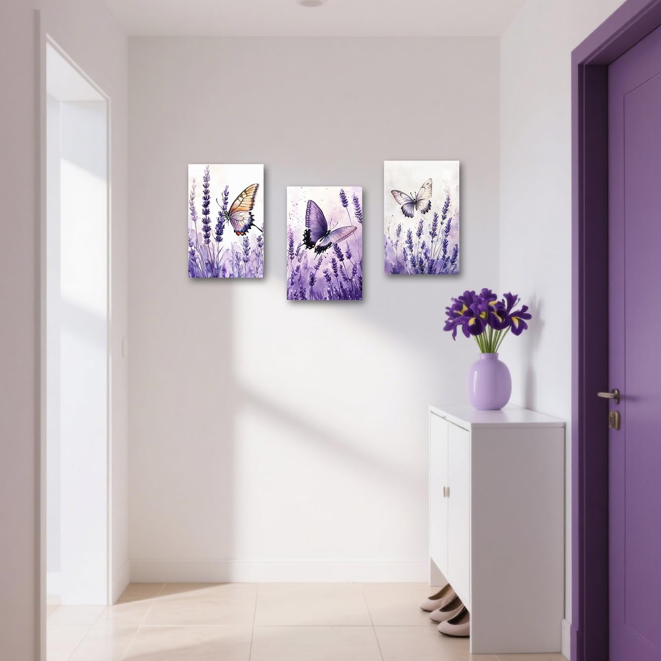 SWQYLB Lavender Canvas Wall Art 3 Pieces Lavender with Butterfly Canvas Prints Watercolor Floral Butterflies Picture Purple Bathroom Wall Decor Framed (11x14inchx3 Pieces)