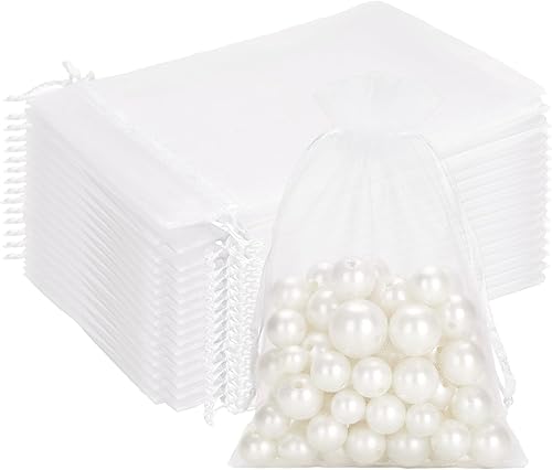 G2PLUS 100PCS White Organza Bags, 4x6 in Sheer Mesh Drawstring Gift Bags, Jewelry Pouches Candy Bag for Wedding Favors, Christmas