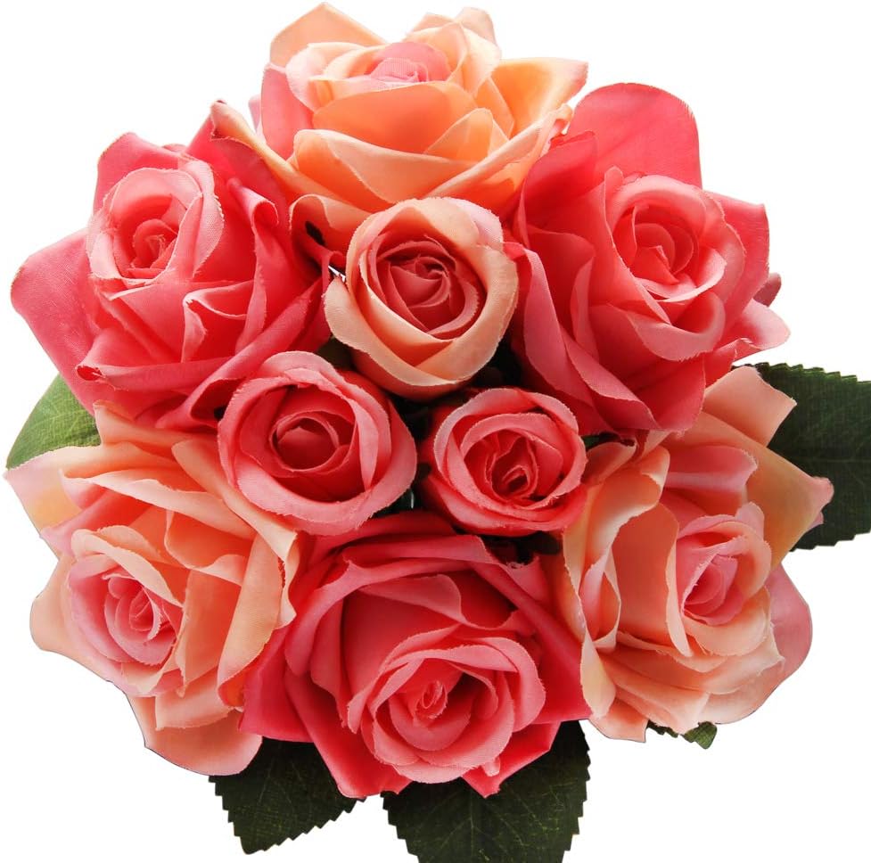 Artificial Fake Flowers Silk Plastic Artificial Roses 9 Heads Bridal Wedding Bouquet for Home Garden Party Wedding Decoration (Cherry Red)