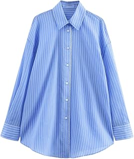 Women Lace Striped Loose Casual Shirt Blouses Layered Button Down Shirts Tops