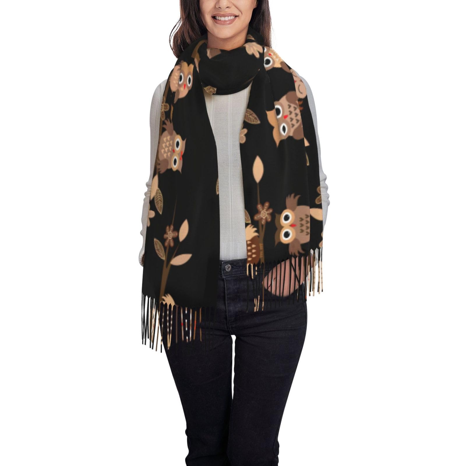 TTIGLHOH Cute Brown Cartoon Owls Printing Elegant Winter Warm Tassel Scarf With Cashmere Like Texture Matches Coats Suits