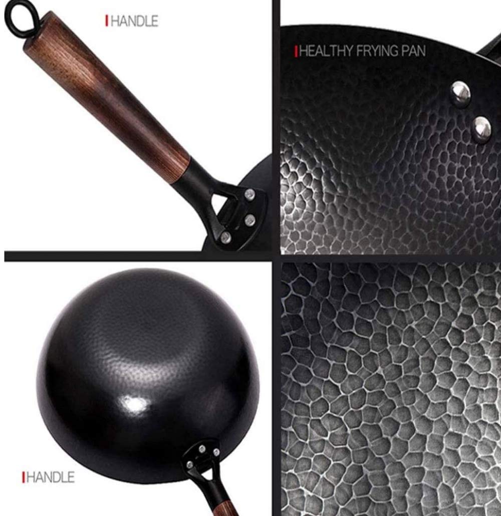 wok, Wok de acero al carbono con tapa, hecho a mano, sin revestimiento, antiadherente, for cocinas eléctricas, inducción y gas