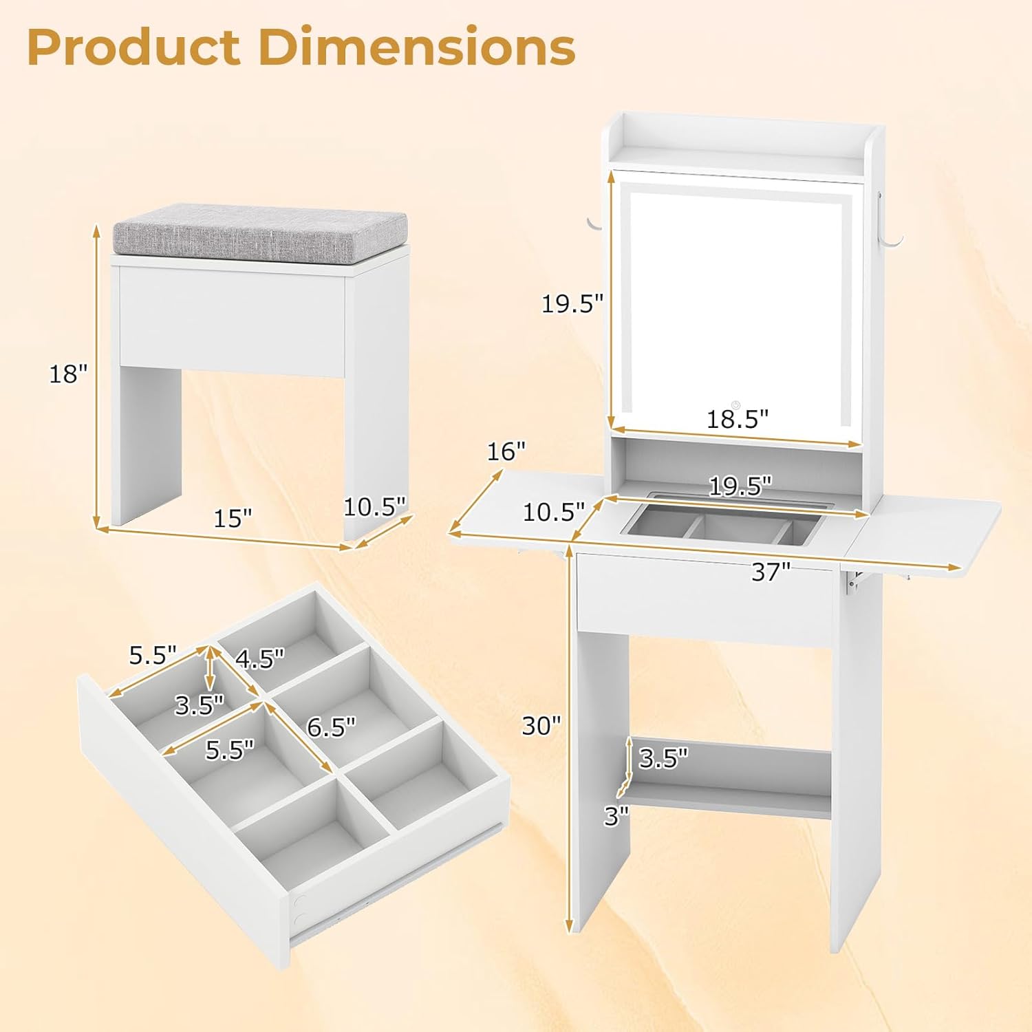 LOKO Narrow Vanity Desk with Mirror & Lights, Space-Saving Makeup Table with Stool, Glass Tabletop, 2 Drop Leaf Tables, Charging Station, Hidden Storage, Small Dressing Station for Bedroom (White)