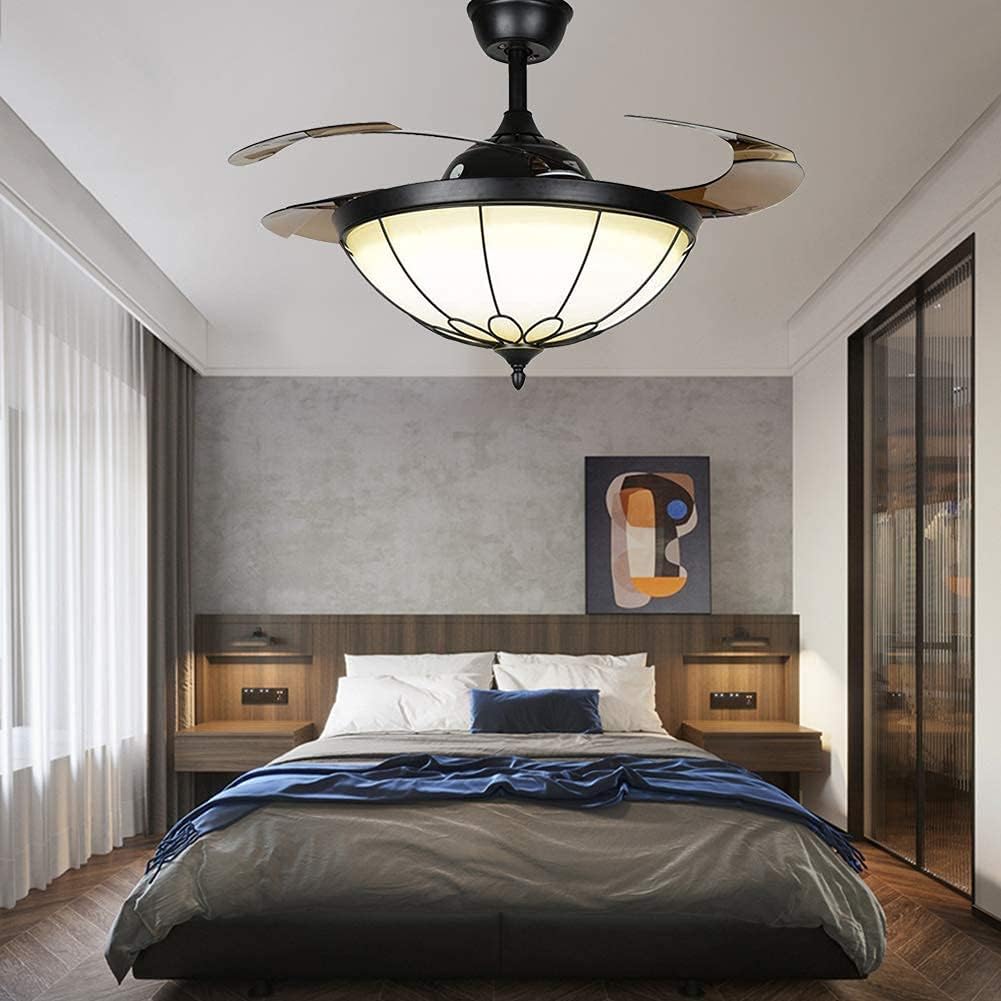 Fandian 42” Vintage Ceiling Fan with LED Light Remote Control Retractable Blades Chandelier, 3 Speeds 3 Light Changes Ceiling Lighting Fixture for Bedroom Living Room (Matte Black)