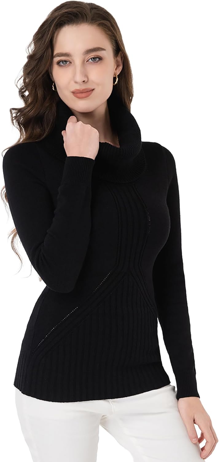 AmélieBoutik Women Cowl Neck Long Sleeve Pullover Tunic Sweater Casual Slim Fit Cable Knit Jumper(Black X-Small) - Image 4