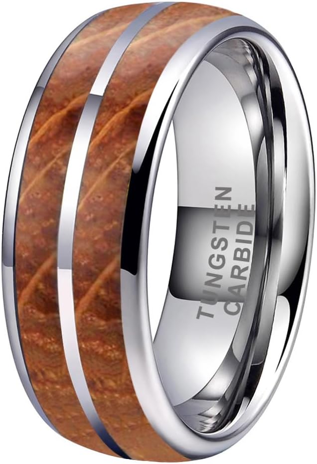 TUTISS 8mm Silver/Black/Gunmetal Tungsten Rings for Men Women Wedding Bands Double Whisky Barrel Oak Wood Inlay Domed Polished Shiny Comfort Fit