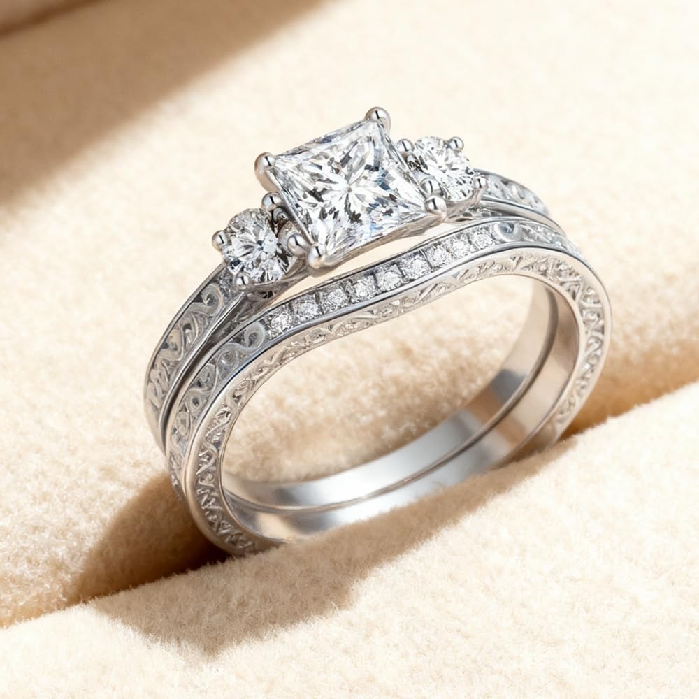 Vintage Bridal Ring Set for Women Princess Cut Bridal Sets Wedding Rings, 1-1/2 Carat(ctw) Moissanite Engagement Ring Set 925 Sterling Silver 10K 14K 18K Gold Engagement Ring Set Free Engraving