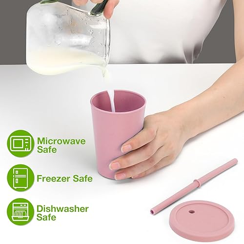 Miniatura 3 de Mfacoy Paquete de 4 vasos de paja de trigo con tapa y pajitas, vaso irrompible de 10 onzas para niños, vasos reutilizables para agua, vasos
