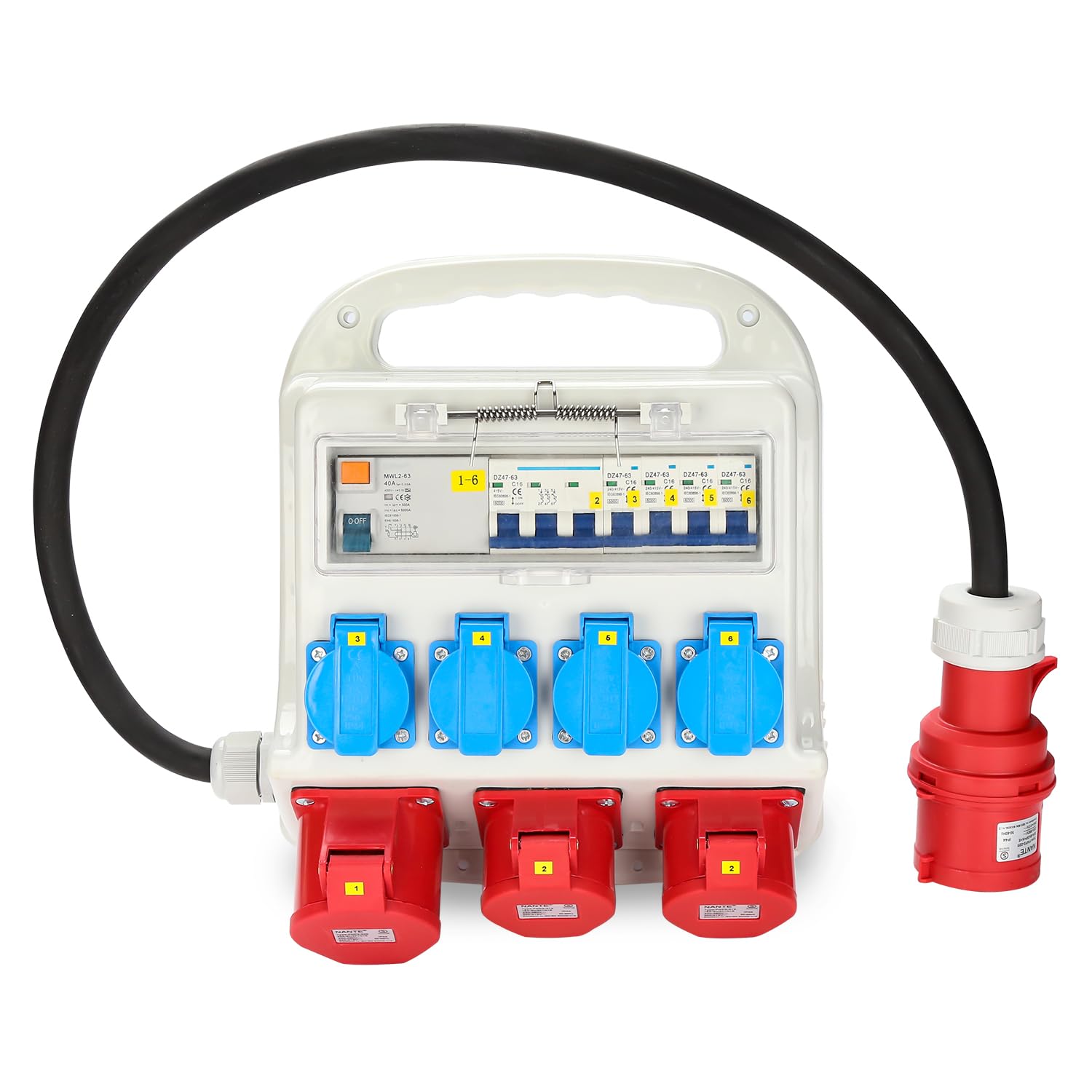 Eulenke Profi-Stromverteiler - 2x CEE 400V / 16A, 1x CEE 400V / 32A, 4x 230V Schuko. Kompakt, zuverlässig, ohne automatischen RCCB-Schalter. Ideal für vielseitige Stromverteilung