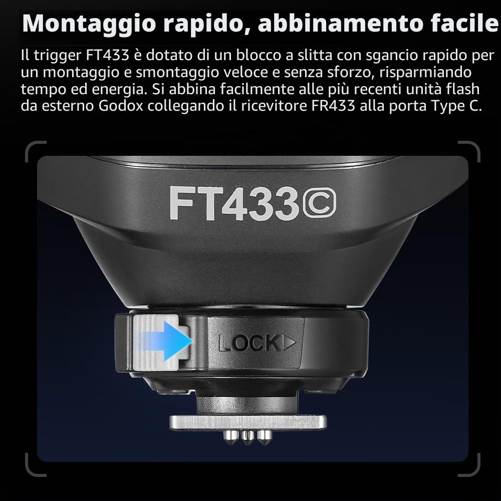 Godox FT433 C TTL trigger flash wireless per Canon, 433 MHz, HSS 1/8000s, portata 100m, LCD, 32 canali, 1-99 ID, sincronizzazione fronte/retro, controllo app Bluetooth, TCM, fuoco rapido a contatto