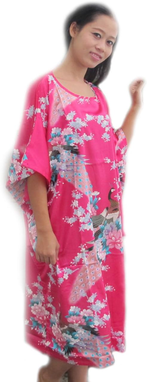 AromD Women's Kaftan Dress Short Caftan Peacock & Blossom Design, Pink