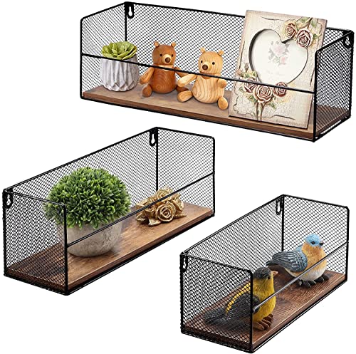 HORLIMER Étagères Murales avec Grille Métallique Noir Lot de 3, Étagères Flottantes en Bois pour Cuisine, Chambre, Salon et Salle de Bain