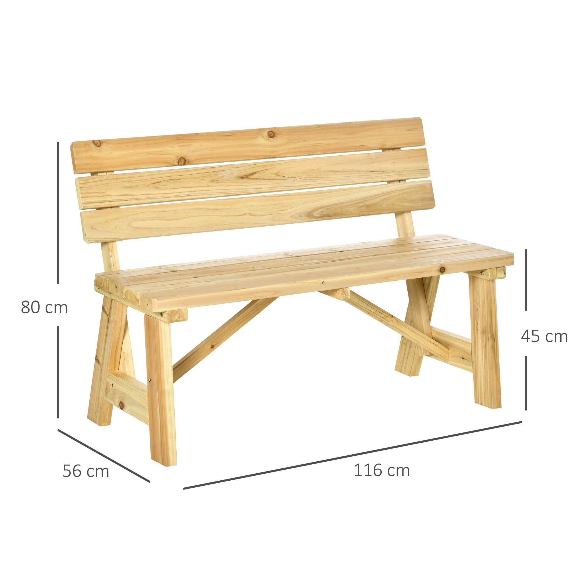 Outsunny Panchina da Esterno in Legno, Panchina 2 Posti da Giardino a Doghe con Schienale Alto, 116x56x80cm, Colore Naturale