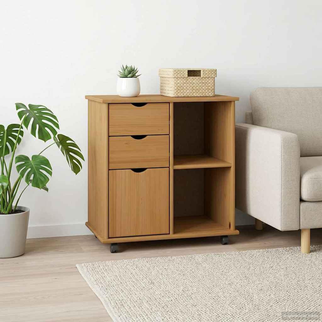 Hothingwell Szafka na kółkach z litego drewna sosnowego, brązowa, miodowa, 63,5 x 39 x 65,5 cm, szafka na kółkach z wbudowanymi półkami i uchwytami, minimalistyczny design do biura lub salonu