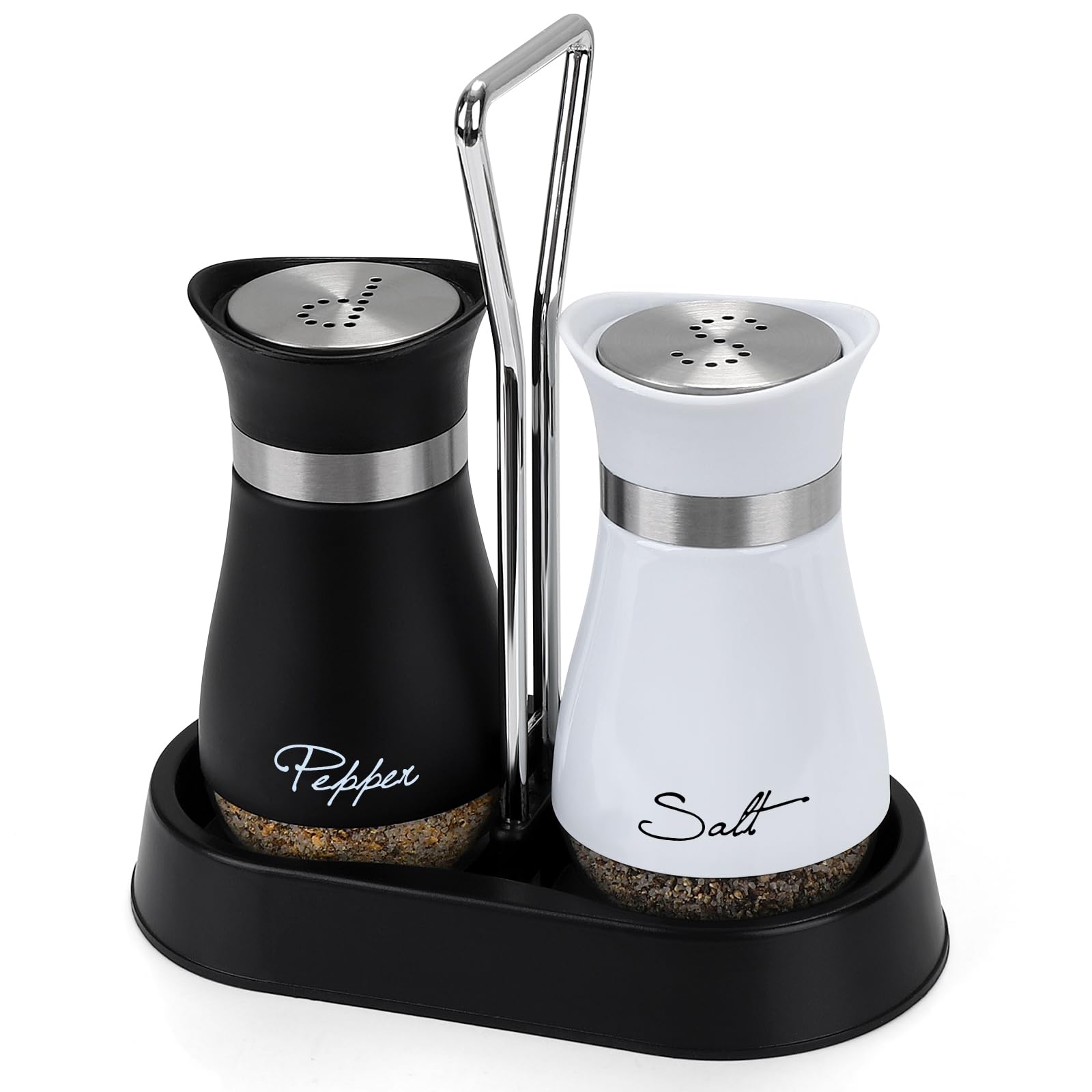 Accmor Salt and Pepper Shakers Set with Holder, 4 oz Stainless Steel Salt Pepper Shaker Containers with Glass Bottom for Kitchen Cooking, BBQ, Bar, Table, RV, Camp