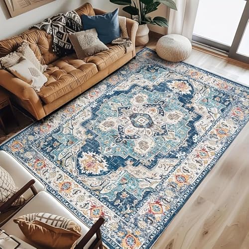 AUWUUA Vintage Teppich Wohnzimmer 40x60cm Boho Chic Used-Look Waschbar rutschfest kurzflor Teppich für Küche, Eingangsbereich, Schlafzimmer, Esszimmer Bodendekoration, Blau & Hellblau