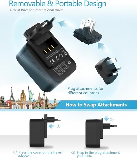 JSVER Adaptador Enchufe Universal con 3 Enchufes reemplazables Type B/G/C, Enchufe de Viaje con 2 USB y 2 USB C,Cargador para - 3