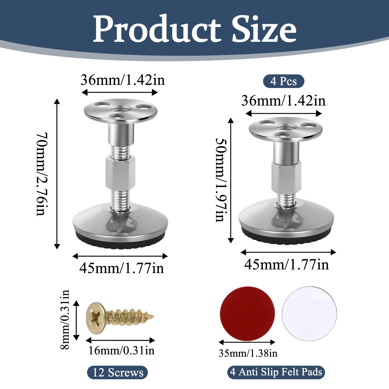 Kigift 4 Pcs Adjustable Levelling Feet, 50-70MM Silvery Metal Furniture Levellers with Mounting Accessories - Image 2