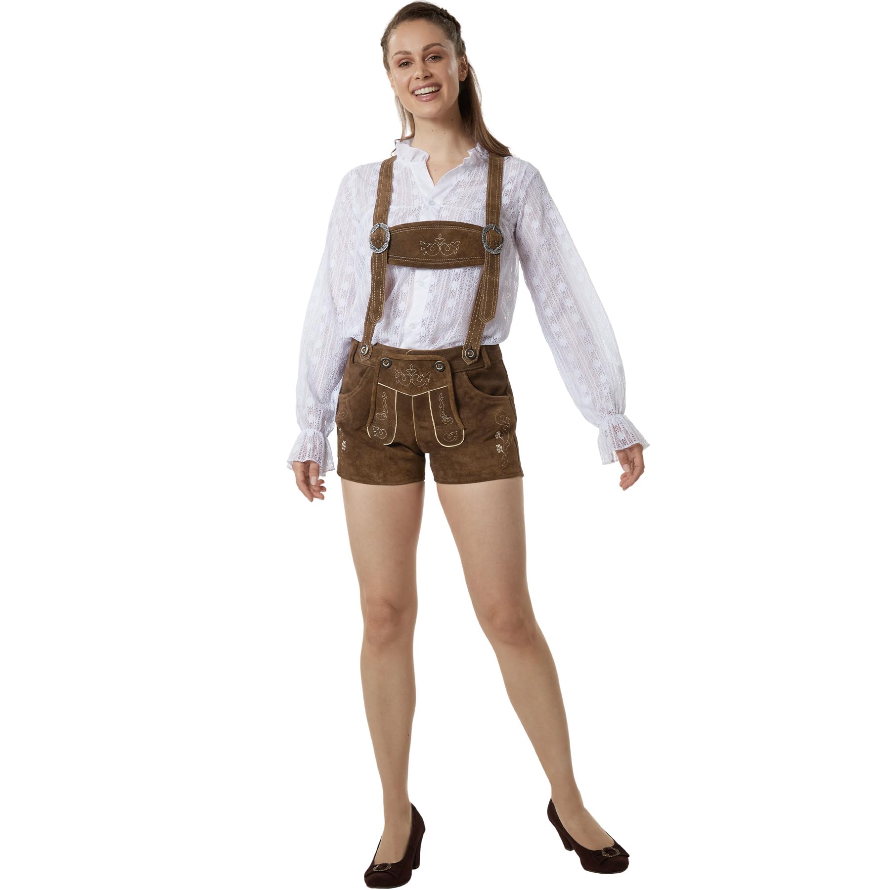 dressforfun Echtleder Lederhose Damen, Kurze Trachtenlederhosen für Damen, Trachtenhose Damen mit Stickereien und Knochenknöpfen, Trachtenmode Damen für Oktoberfest