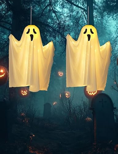 Halloween Hanging Ghost Lights 2Pcs,Lantern Ghosts,5x21inches Lantern,Light up Spooky Halloween