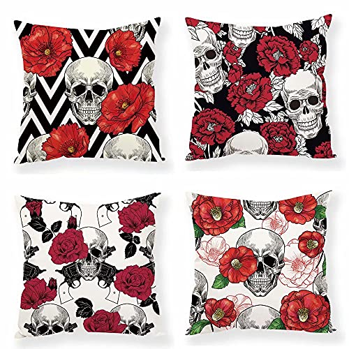 Sugar Skull Throw Decorative Pillow Cover 18x18 , Rose and Skeleton Vintage Day of The Dead Soft Microfiber Fabric Halloween Gothic Square Pillow Cases Home Sofa Couch Bed Decor Floral Pillowcases