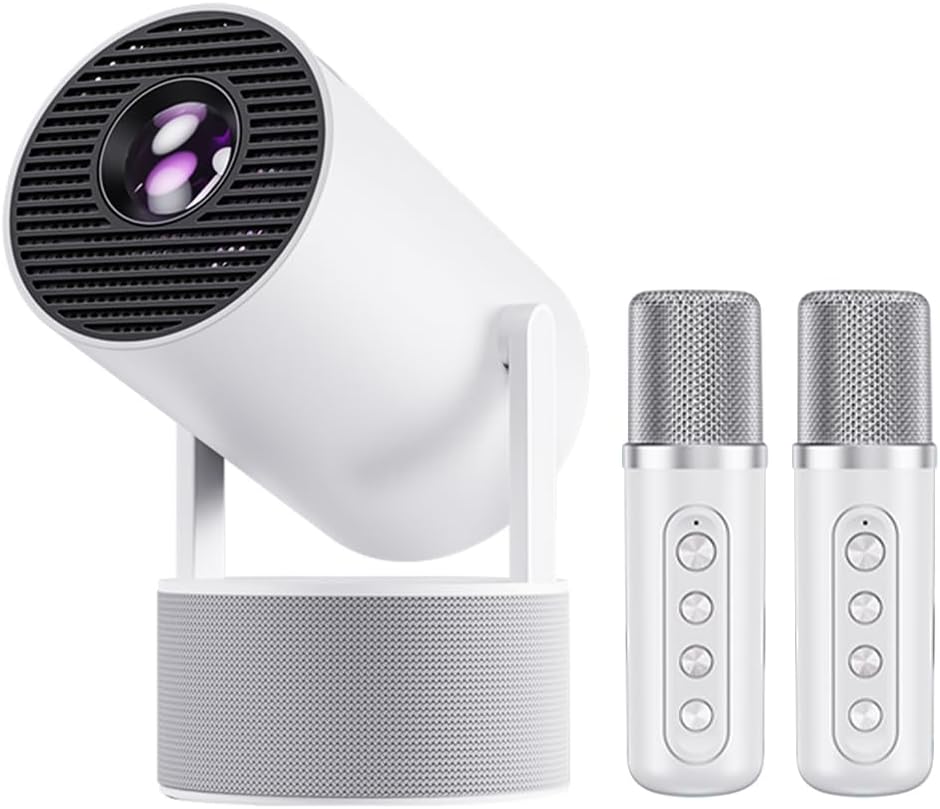 Mini Projector, HY300-KTV Music Edition Support 4K 1080P, Android 11 Portable Projector, with WIFI-6 and 5.2 Bluetooth, 180° Rotatable, Auto Keystone Correction, 130″ Screen with 2 microphones