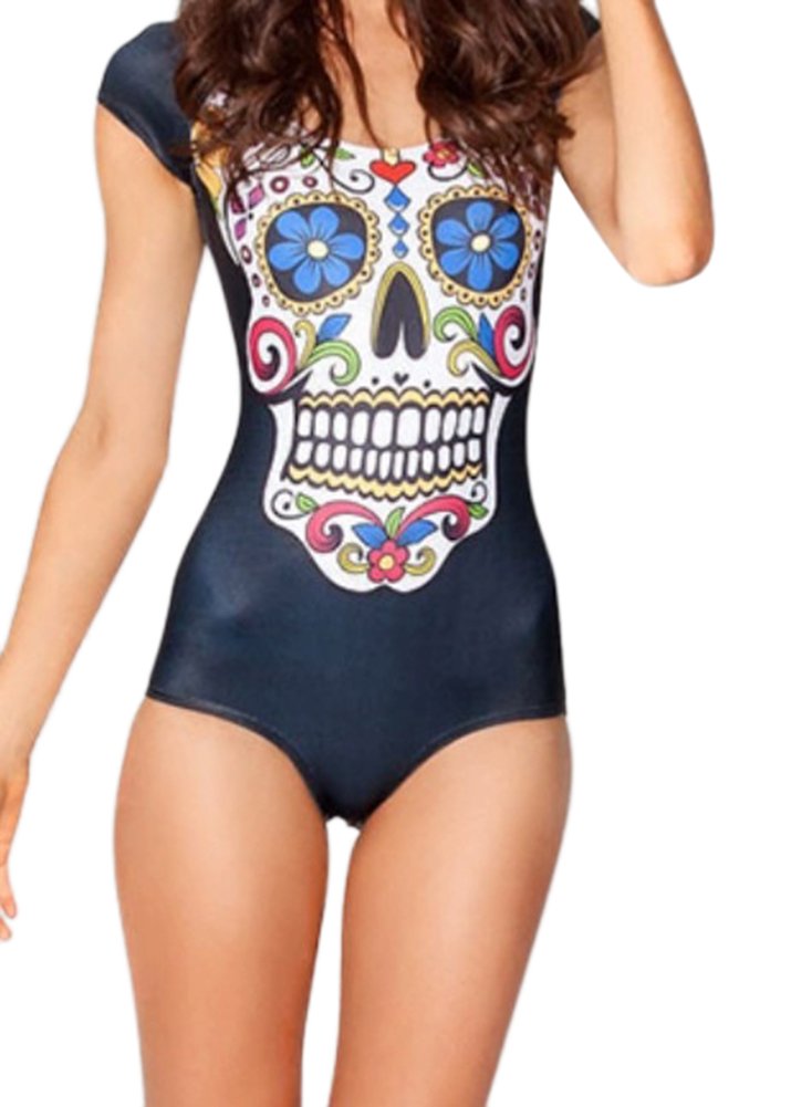 OUCHI Women Summer Swimsuits Digital Print Stretch Sleeveless Sheath One Pieces One Size Skull Black