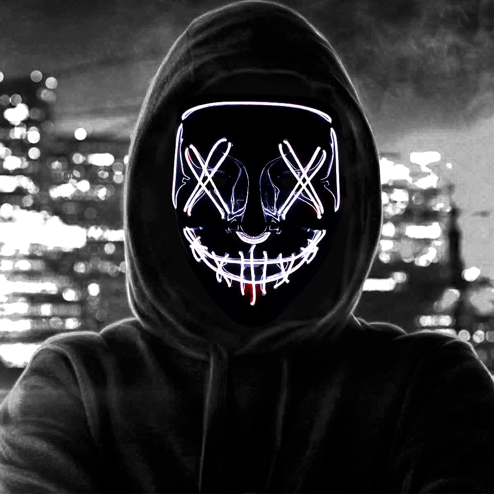 HATFRYF Halloween Skull Mask, Scary LED Halloween Mask, Halloween Face Masks for Men Women Kids, Light up Cosplay, Glowing Horror Smile, Anonymous Neon Gifts — image 1