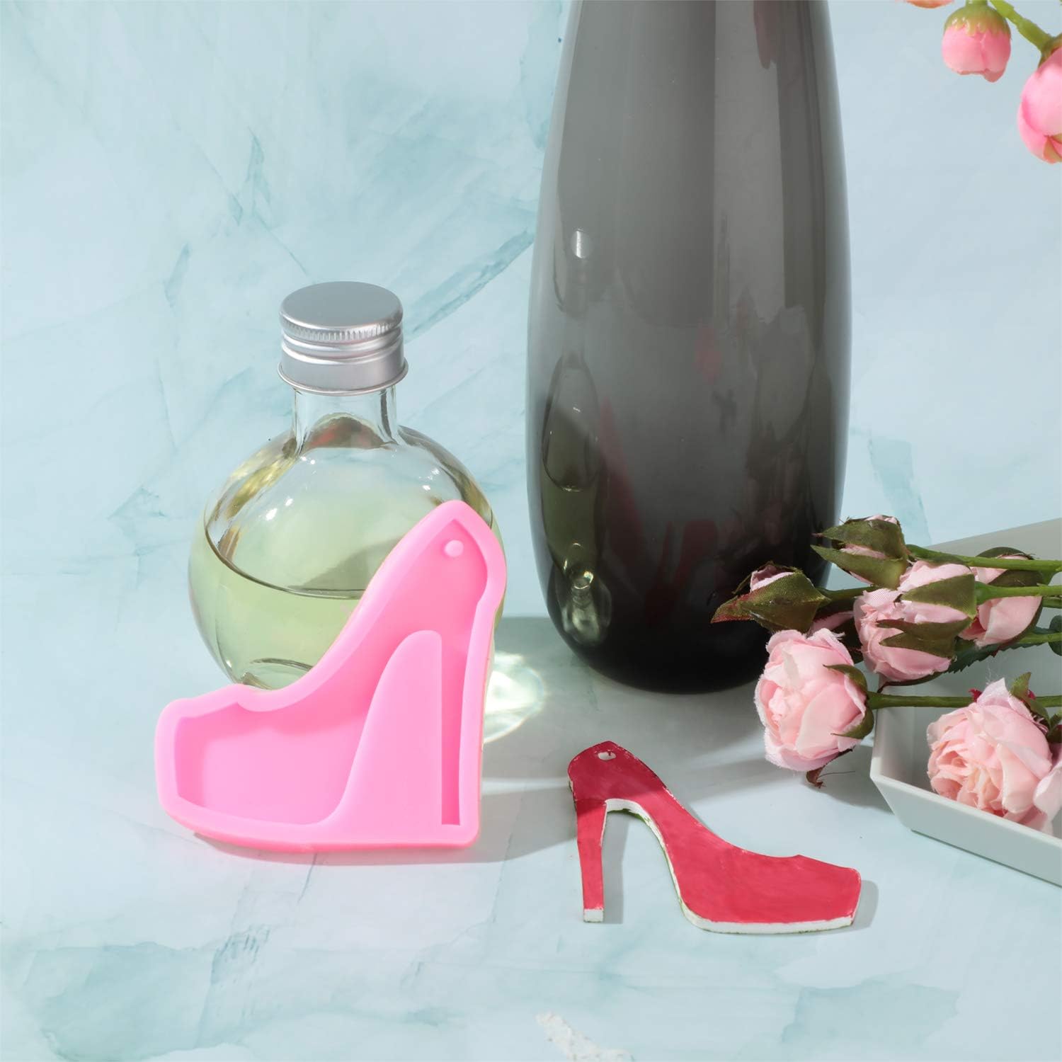 2 Pieces High Heel Silicone Mold Shoe Silicone Keychain Mold High Heel Chocolate Fondant Mold with Hole for Keychain DIY Crystal Jelly Dessert Candy Cupcake Cake Ice Cream Gum Paste Pudding